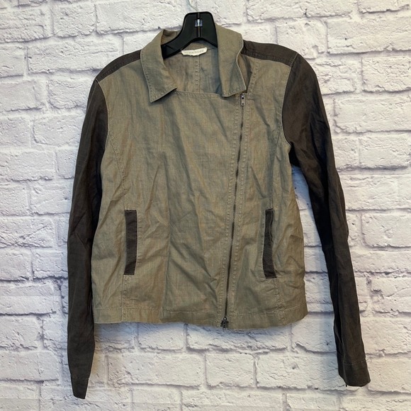 Eileen Fisher Organic Linen Jacket Olive Brown Colorblock Asymmetrical Zip S/M - Picture 1 of 7